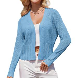 imageGRACE KARIN Womens 2025 Summer Cardigans Long Sleeve Open Front Hollow Out Crochet Knit Cardigan SweaterLight Blue