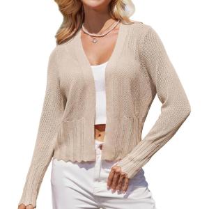 imageGRACE KARIN Womens 2025 Summer Cardigans Long Sleeve Open Front Hollow Out Crochet Knit Cardigan SweaterLight Khaki