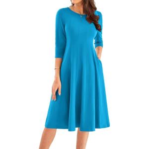 imageGRACE KARIN Womens 2025 Trendy Crew Neck 34 Sleeve A Line Loose Casual Midi Dress with PocketsBlue