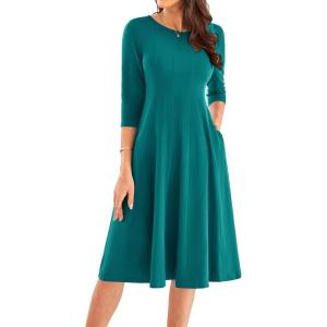 imageGRACE KARIN Womens 2025 Trendy Crew Neck 34 Sleeve A Line Loose Casual Midi Dress with PocketsBlue Green