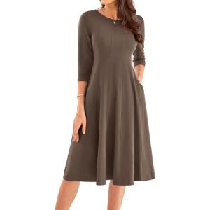 imageGRACE KARIN Womens 2025 Trendy Crew Neck 34 Sleeve A Line Loose Casual Midi Dress with PocketsBrown