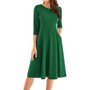 imageGRACE KARIN Womens 2025 Trendy Crew Neck 34 Sleeve A Line Loose Casual Midi Dress with PocketsDark Dreen