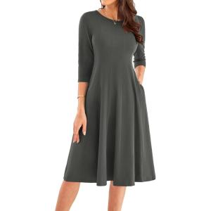 imageGRACE KARIN Womens 2025 Trendy Crew Neck 34 Sleeve A Line Loose Casual Midi Dress with PocketsDark Grey