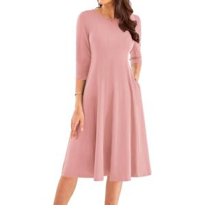 imageGRACE KARIN Womens 2025 Trendy Crew Neck 34 Sleeve A Line Loose Casual Midi Dress with PocketsDusty Pink
