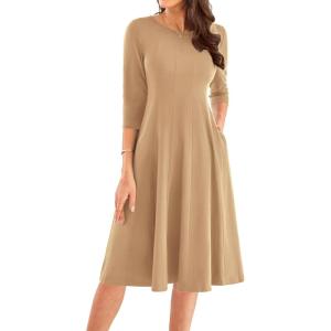 imageGRACE KARIN Womens 2025 Trendy Crew Neck 34 Sleeve A Line Loose Casual Midi Dress with PocketsKhaki