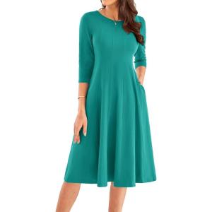 imageGRACE KARIN Womens 2025 Trendy Crew Neck 34 Sleeve A Line Loose Casual Midi Dress with PocketsLake Green