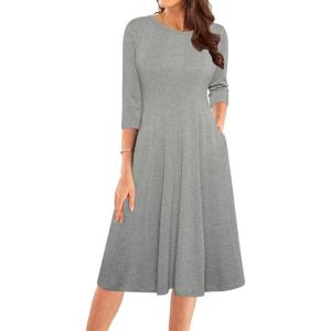 imageGRACE KARIN Womens 2025 Trendy Crew Neck 34 Sleeve A Line Loose Casual Midi Dress with PocketsLight Grey