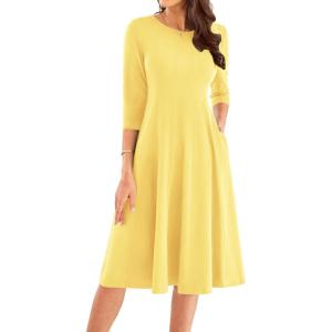 imageGRACE KARIN Womens 2025 Trendy Crew Neck 34 Sleeve A Line Loose Casual Midi Dress with PocketsLight Yellow