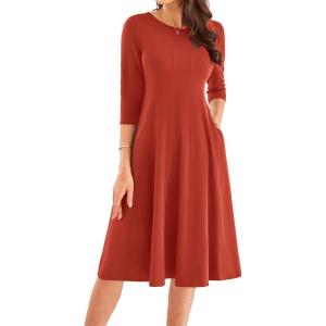 imageGRACE KARIN Womens 2025 Trendy Crew Neck 34 Sleeve A Line Loose Casual Midi Dress with PocketsRust Red