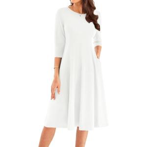 imageGRACE KARIN Womens 2025 Trendy Crew Neck 34 Sleeve A Line Loose Casual Midi Dress with PocketsWhitewith Lined