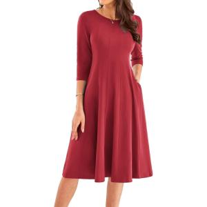 imageGRACE KARIN Womens 2025 Trendy Crew Neck 34 Sleeve A Line Loose Casual Midi Dress with PocketsWine Red