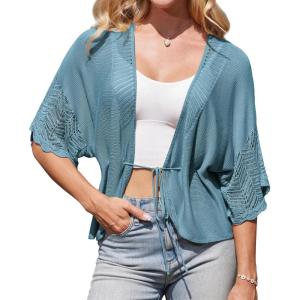 imageGRACE KARIN Womens Short Sleeve Crochet Open Front Cropped Cardigan Sweaters for Women 2025Light Blue