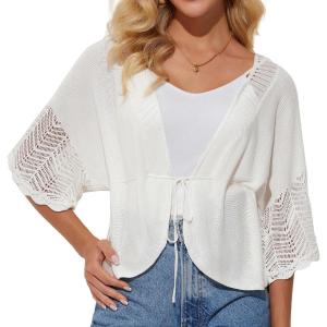imageGRACE KARIN Womens Short Sleeve Crochet Open Front Cropped Cardigan Sweaters for Women 2025White