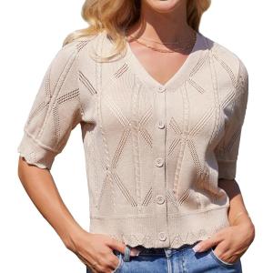 imageGRACE KARIN Womens Short Sleeve Cropped Cardigan 2025 Summer Lightweight Crochet Button V Neck Knit Sweater CardigansApricot