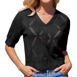 imageGRACE KARIN Womens Short Sleeve Cropped Cardigan 2025 Summer Lightweight Crochet Button V Neck Knit Sweater CardigansBlack