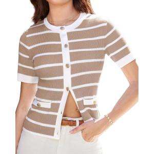 imageGRACE KARIN Womens Short Sleeve Striped Sweater Gold Button Cardigan Fitted Knit Crewneck Button Down Business Casual TopApricot