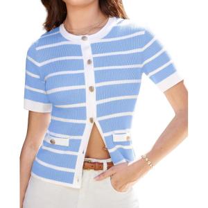 imageGRACE KARIN Womens Short Sleeve Striped Sweater Gold Button Cardigan Fitted Knit Crewneck Button Down Business Casual TopLight Blue