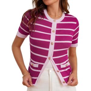imageGRACE KARIN Womens Short Sleeve Striped Sweater Gold Button Cardigan Fitted Knit Crewneck Button Down Business Casual TopRose Red