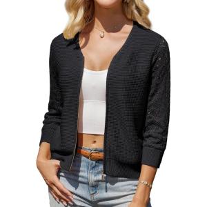 imageGRACE KARIN Womens Zip Up Cardigan Sweaters Lightweight Summer 34 Sleeve Cardigan Cropped V Neck SweaterBlack