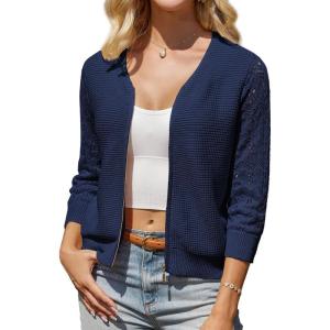 imageGRACE KARIN Womens Zip Up Cardigan Sweaters Lightweight Summer 34 Sleeve Cardigan Cropped V Neck SweaterNavy Blue