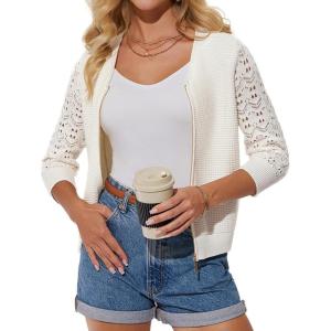 imageGRACE KARIN Womens Zip Up Cardigan Sweaters Lightweight Summer 34 Sleeve Cardigan Cropped V Neck SweaterWhite