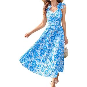 imageGRACE KARIN 2025 Womens Summer Floral Print Sleeveless Long Casual Flowy A Line Ruffle Wedding Guest Maxi DressBlue Floral