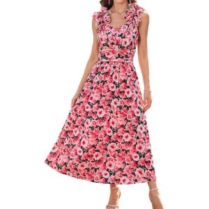 imageGRACE KARIN 2025 Womens Summer Floral Print Sleeveless Long Casual Flowy A Line Ruffle Wedding Guest Maxi DressRed Floral
