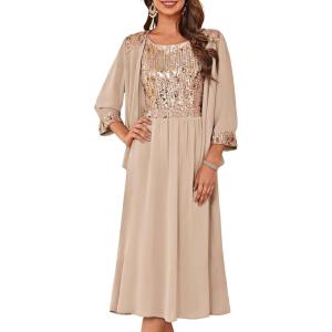 imageGRACE KARIN Wedding Guest Dress Mother of The Bride Dresses Two Piece Formal Sequin Dress with Jacket Tea Length 2025Champagne