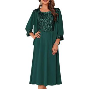 imageGRACE KARIN Wedding Guest Dress Mother of The Bride Dresses Two Piece Formal Sequin Dress with Jacket Tea Length 2025Dark Green