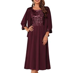 imageGRACE KARIN Wedding Guest Dress Mother of The Bride Dresses Two Piece Formal Sequin Dress with Jacket Tea Length 2025Dark Red