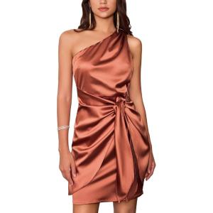 imageGRACE KARIN Women Satin Dress Cocktail One Shoulder Sleeveless Tie Waist Party Mini DressesBrown