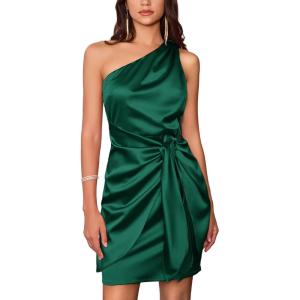 imageGRACE KARIN Women Satin Dress Cocktail One Shoulder Sleeveless Tie Waist Party Mini DressesDark Green