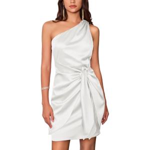 imageGRACE KARIN Women Satin Dress Cocktail One Shoulder Sleeveless Tie Waist Party Mini DressesWhite