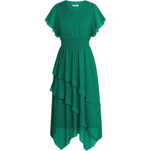 imageGRACE KARIN Womens Casual Summer Dresses V Neck Flutter Ruffle Short Sleeve Dresses 2025 Empire High Waist Flowy Midi DressGreen