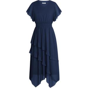 imageGRACE KARIN Womens Casual Summer Dresses V Neck Flutter Ruffle Short Sleeve Dresses 2025 Empire High Waist Flowy Midi DressNavy Blue