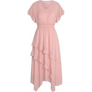 imageGRACE KARIN Womens Casual Summer Dresses V Neck Flutter Ruffle Short Sleeve Dresses 2025 Empire High Waist Flowy Midi DressPink