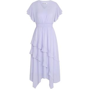imageGRACE KARIN Womens Casual Summer Dresses V Neck Flutter Ruffle Short Sleeve Dresses 2025 Empire High Waist Flowy Midi DressPurple