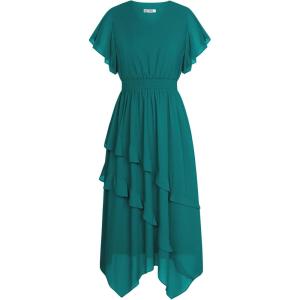 imageGRACE KARIN Womens Casual Summer Dresses V Neck Flutter Ruffle Short Sleeve Dresses 2025 Empire High Waist Flowy Midi DressTeal