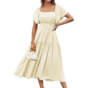 imageGRACE KARIN Womens Summer Short Sleeve Square Neck Smocked Waist Casual Vacation Tiered Flowy Maxi DressKhaki
