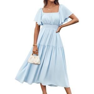 imageGRACE KARIN Womens Summer Short Sleeve Square Neck Smocked Waist Casual Vacation Tiered Flowy Maxi DressLight Blue
