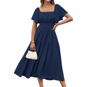 imageGRACE KARIN Womens Summer Short Sleeve Square Neck Smocked Waist Casual Vacation Tiered Flowy Maxi DressNavy