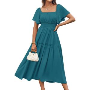 imageGRACE KARIN Womens Summer Short Sleeve Square Neck Smocked Waist Casual Vacation Tiered Flowy Maxi DressPeacock Blue