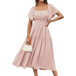 imageGRACE KARIN Womens Summer Short Sleeve Square Neck Smocked Waist Casual Vacation Tiered Flowy Maxi DressPink