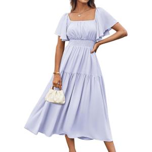 imageGRACE KARIN Womens Summer Short Sleeve Square Neck Smocked Waist Casual Vacation Tiered Flowy Maxi DressPurple