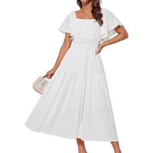 imageGRACE KARIN Womens Summer Short Sleeve Square Neck Smocked Waist Casual Vacation Tiered Flowy Maxi DressWhite