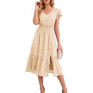 imageGRACE KARIN Womens V Neck Ruffle Sleeve Summer Dress 2025 Split Flowy Tiered Midi Dress Wedding Guest Cocktail DressesBeigegold Dots