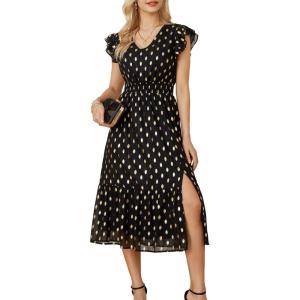 imageGRACE KARIN Womens V Neck Ruffle Sleeve Summer Dress 2025 Split Flowy Tiered Midi Dress Wedding Guest Cocktail DressesBlackpolka Dot
