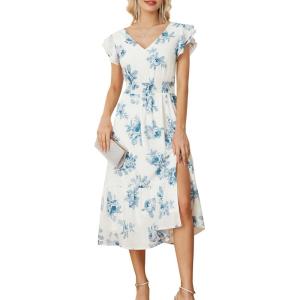 imageGRACE KARIN Womens V Neck Ruffle Sleeve Summer Dress 2025 Split Flowy Tiered Midi Dress Wedding Guest Cocktail DressesBluefloral Print