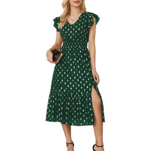 imageGRACE KARIN Womens V Neck Ruffle Sleeve Summer Dress 2025 Split Flowy Tiered Midi Dress Wedding Guest Cocktail DressesDark Greengold Dots