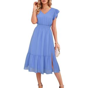 imageGRACE KARIN Womens V Neck Ruffle Sleeve Summer Dress 2025 Split Flowy Tiered Midi Dress Wedding Guest Cocktail DressesGray Blueplain